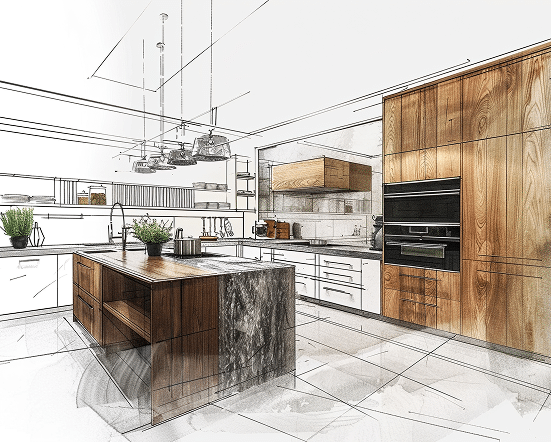 Modern kitchen design sketch featuring an island with wooden cabinetry, marble countertop, and high-end appliances, emphasizing custom home building and renovation by Oak-n-Crete.