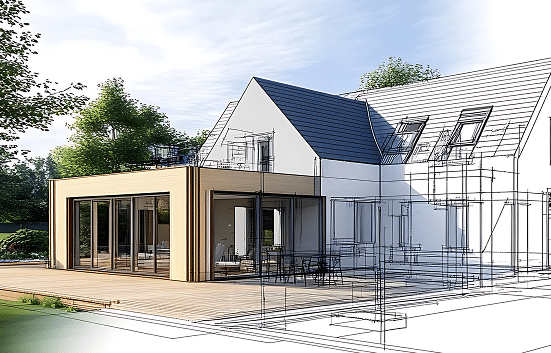 Architectural rendering of a custom home design, showcasing a blend of modern and traditional elements, emphasizing pre-construction planning and collaboration in the Oak-n-Crete construction process.