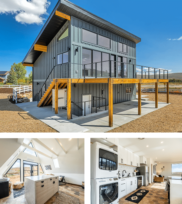 Modern custom home with large windows and deck, showcasing architectural design and craftsmanship, featuring interior spaces with natural light and contemporary kitchen appliances.